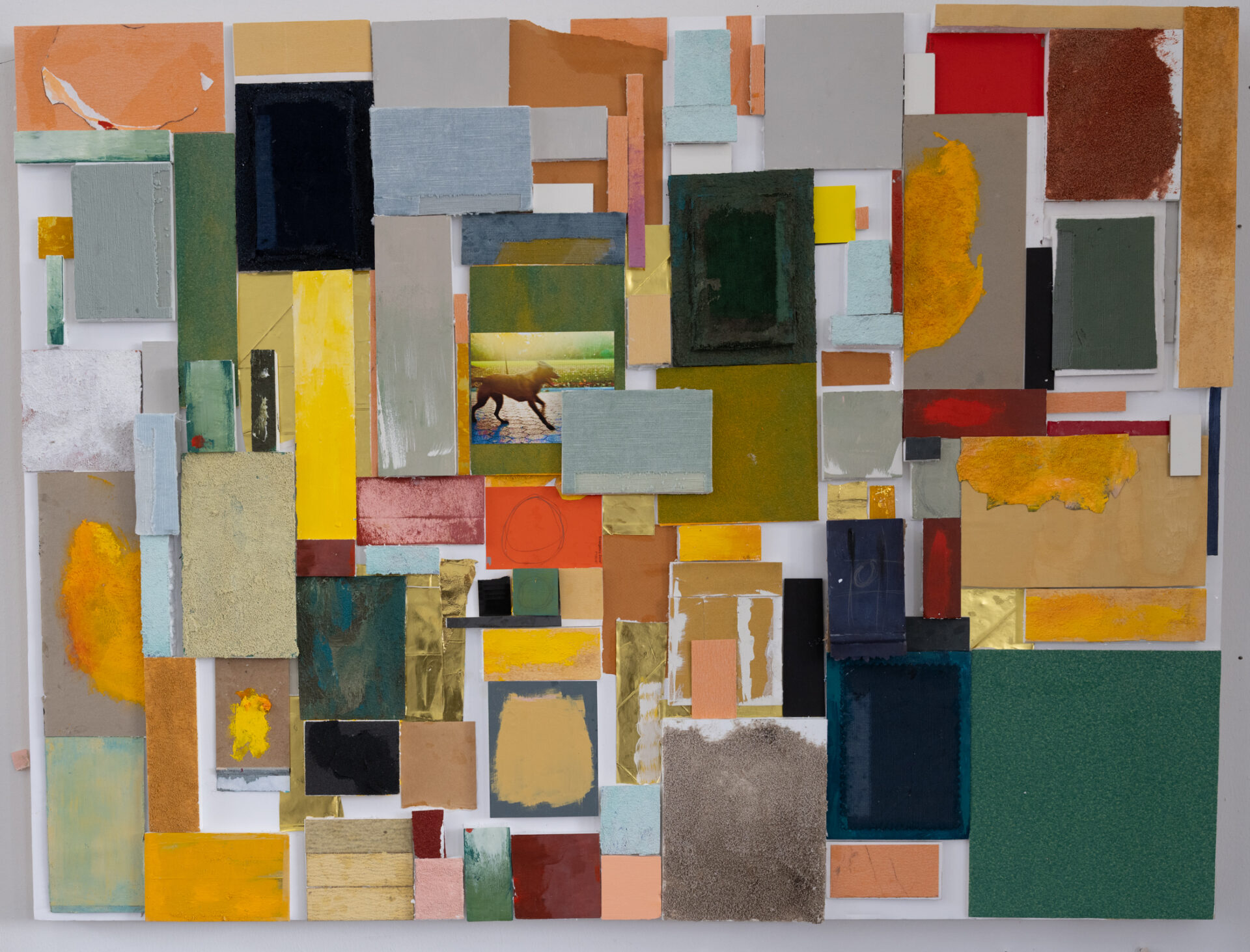 Mixed media artwork with Mixed media: found paper, foam board, cement, acrylic, velvet and clayboard on birch ply