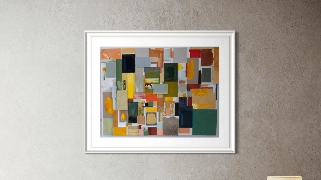 Framed piece of artwork with Mixed media: found paper, foam board, cement, acrylic, velvet and clayboard on birch ply
