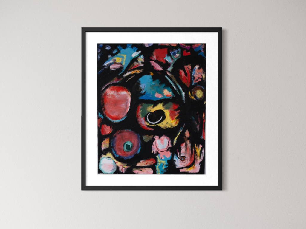 Framed artwork with abstract oil and oil pastel on canvas