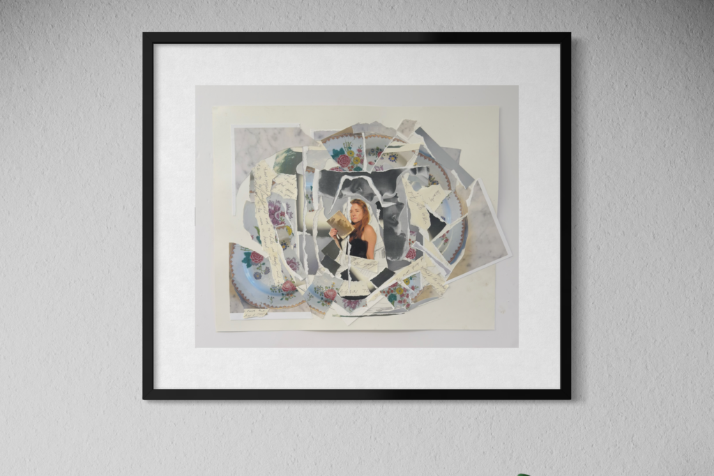 Framed abstract mixed media artwork with ripped photos