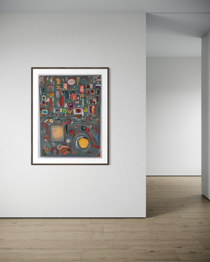 Abstract at piece frames on a gallery wall