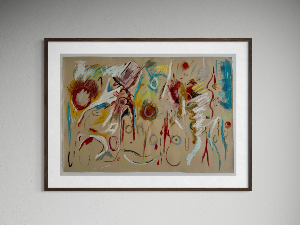 Framed abstract artwork with oil and oil pastel on arches paper