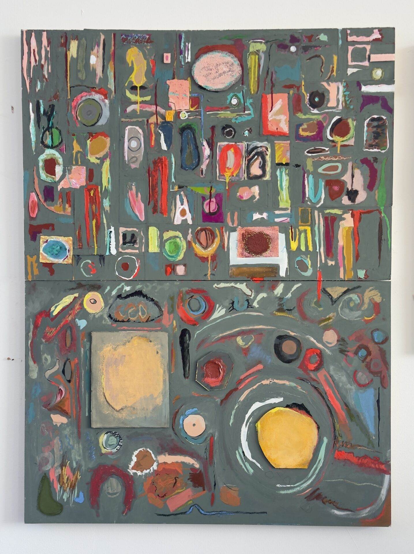 Abstract artwork with cardboard, acrylic, cement, and paper on birch ply